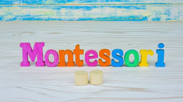 Colorful wooden letters spelling "Montessori" with two small wooden cylinders in front, on a light wooden background.
